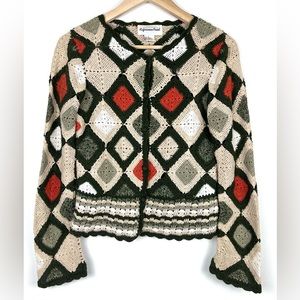 Vintage 90’s Y2K Granny Square Crochet Sweater Cardigan